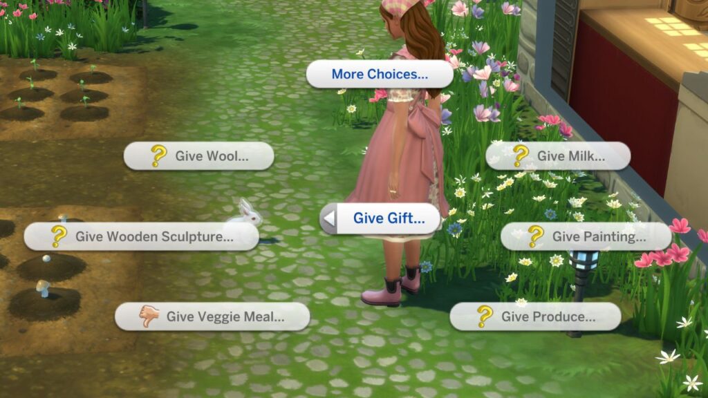 A screenshot from The Sims 4 showing the option to give gifts to a rabbit