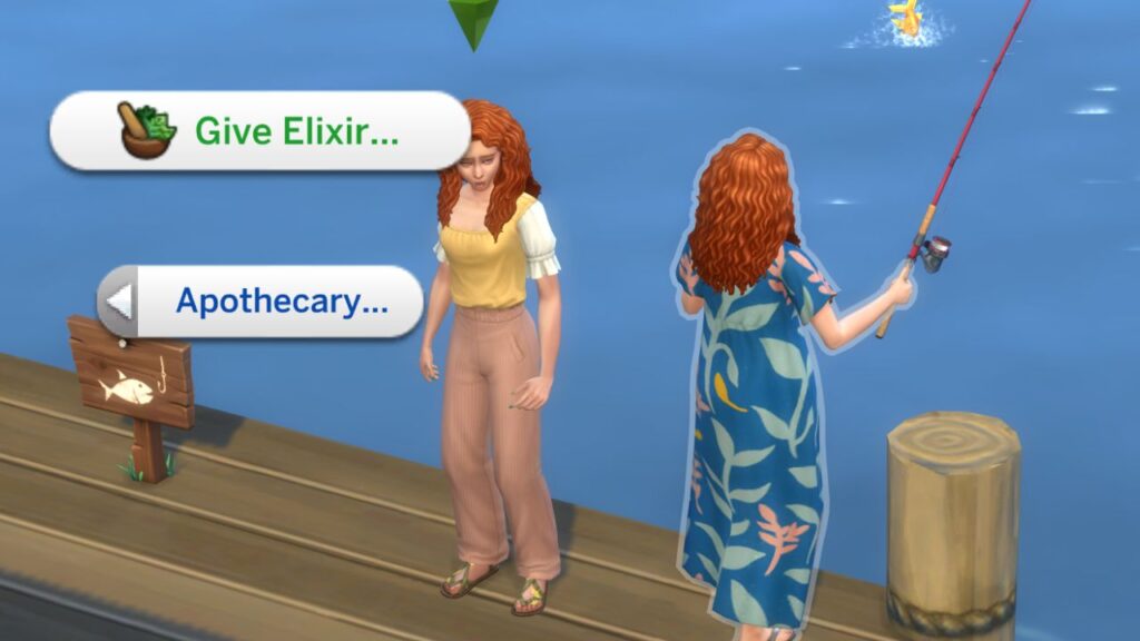 A screenshot from the sims 4 showing the option to give another sim an elixir