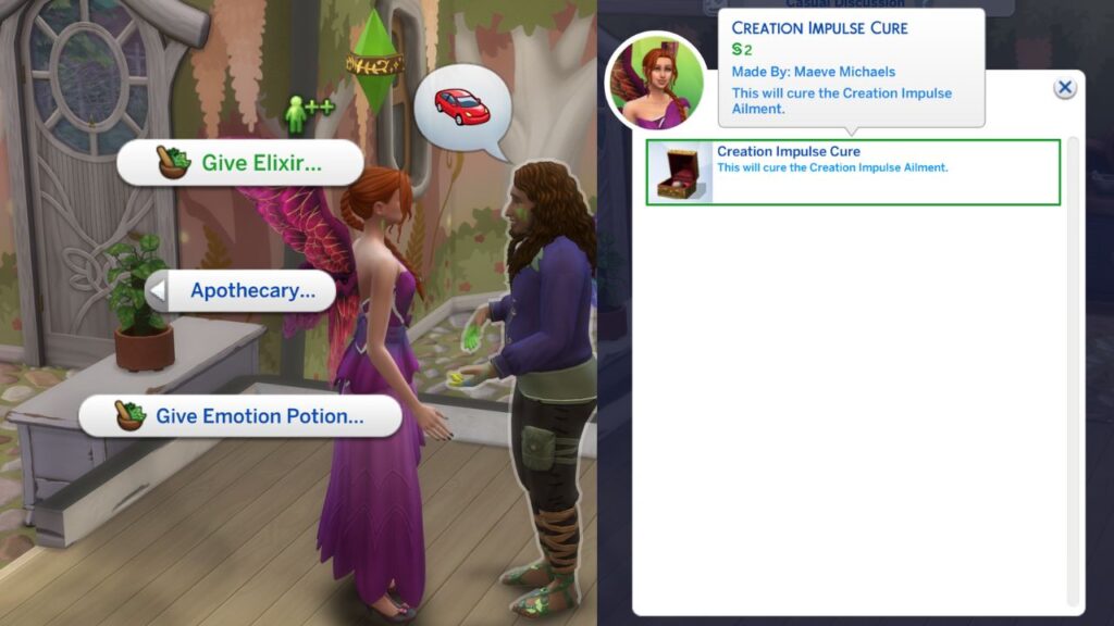 A screenshot from The Sims 4 showing how a sim can give another sim an ailment.