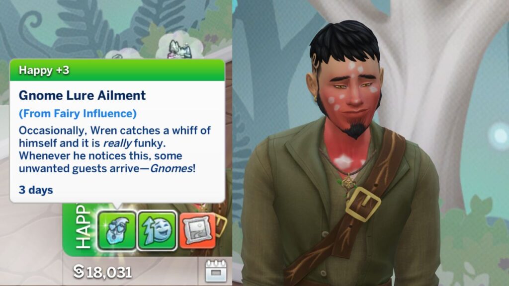 A screenshot from The Sims 4 showing a sim with the gnome lure ailment