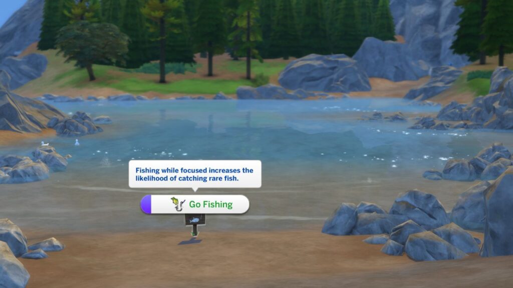 A screenshot from The Sims 4 showing a fishing location in Granite Falls