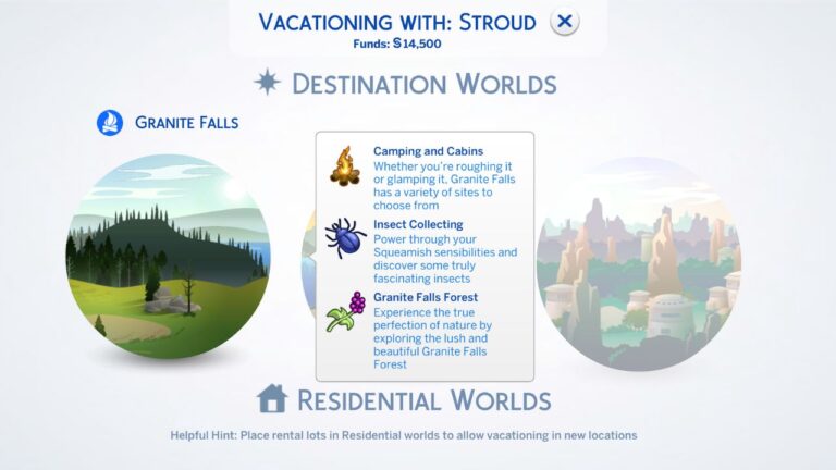 A screenshot from The Sims 4 showing the granite falls vacation world