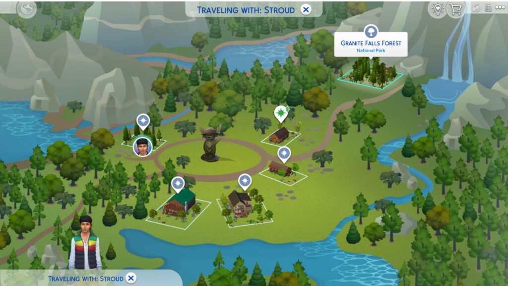 A screenshot from The Sims 4 showing the granite falls forest lot in granite falls 