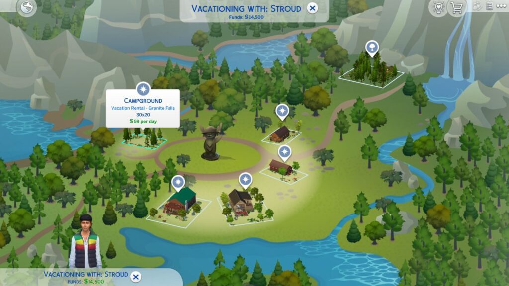 A screenshot from The Sims 4 showing the map of granite falls where you choose where to stay on a vacation 