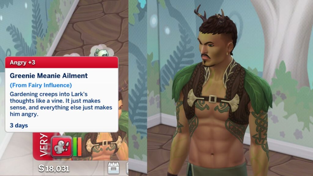 A screenshot from The Sims 4 showing a sim with the greenie meanie ailment