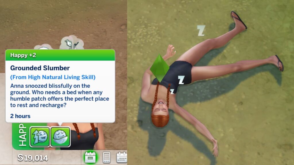 A screenshot from The Sims 4 showing a sim sleeping on the floor and the Grounded Slumber moodlet