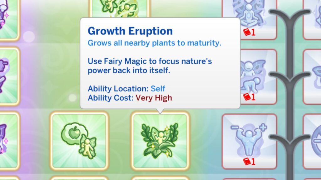 A screenshot from The Sims 4 showing the growth eruption fairy perk
