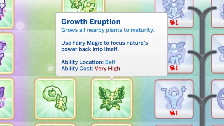 A screenshot from The Sims 4 showing the growth eruption