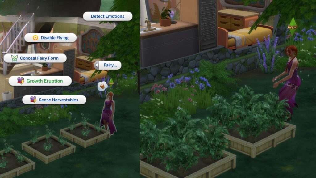 A screenshot from The Sims 4 showing a fairy sim using growth eruption
