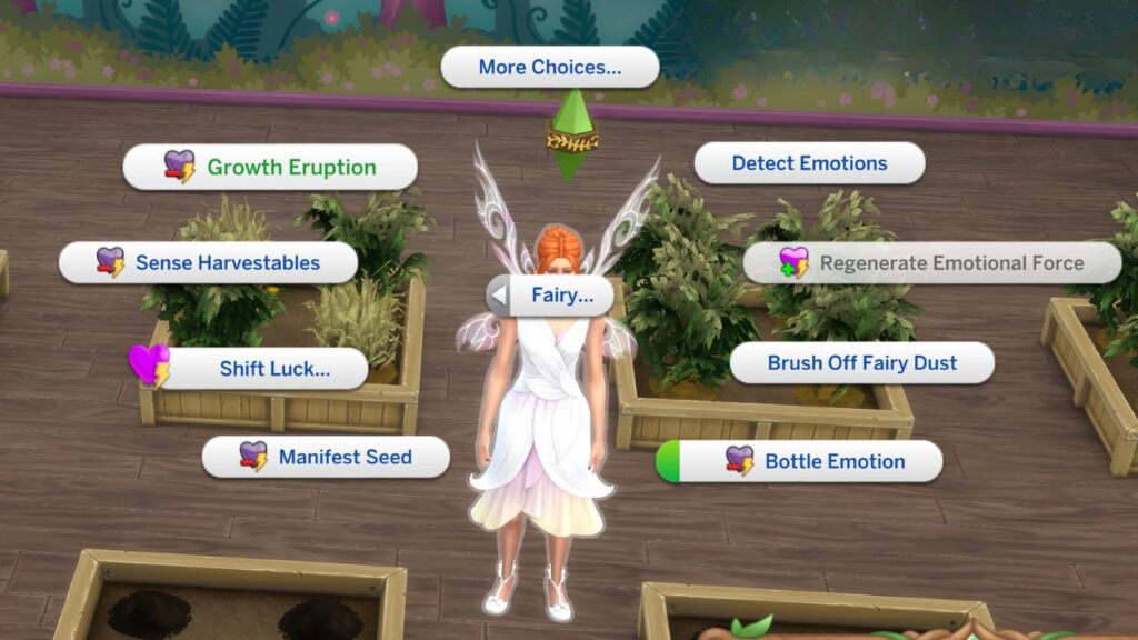 A screenshot from the sims 4 showing the fairy menu with growth eruption highlighted