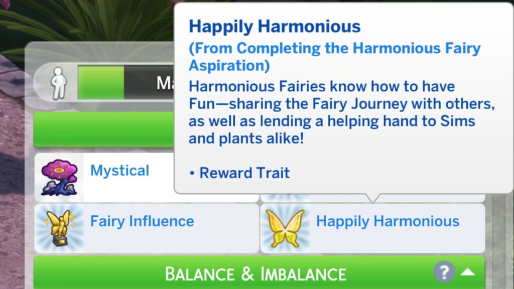A screenshot from The Sims 4 showing the happily harmonious reward trait you get when finishing the harmonious fairy aspiration