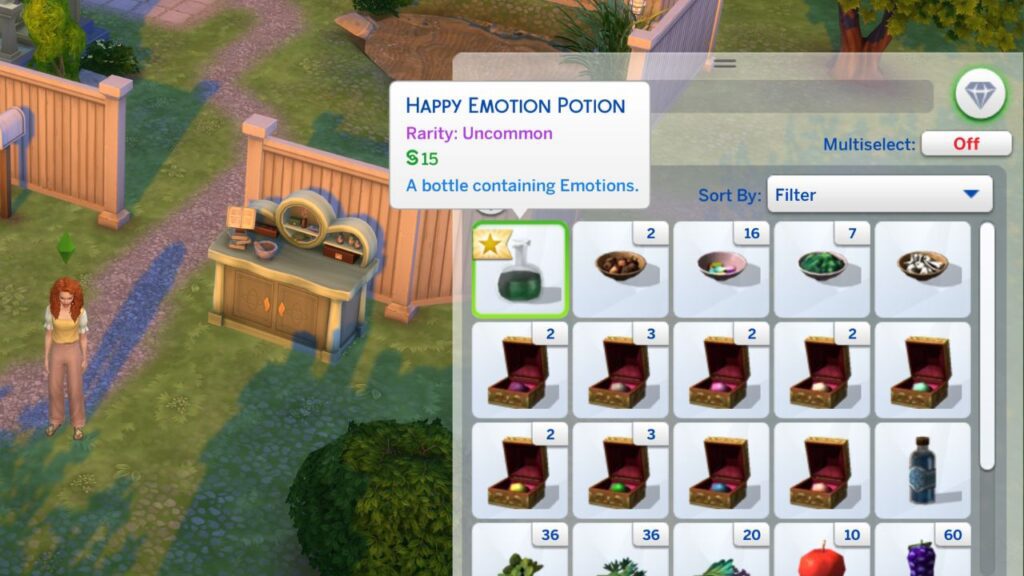 A screenshot from the sims 4 showing a happy emotion potion in a sim's inventory