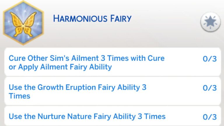 A screenshot from The Sims 4 showing the harmonious fairy aspiration level