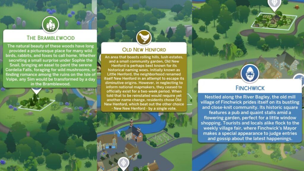 A screenshot from The Sims 4 showing the three neighbourhoods in Henford on Bagley