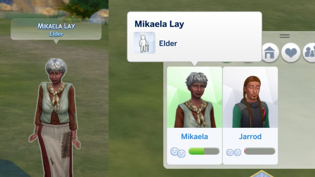 A screenshot from The Sims 4 showing the Hermit in Granite falls and a good friendship with them