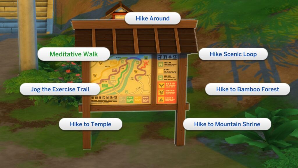 A screenshot from The Sims 4 showing the hiking board in Mt Komorebi with Meditative walk highlighted in the menu