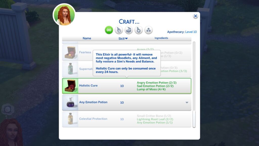 A screenshot from the sims 4 showing the Holistic Cure item in the craft menu