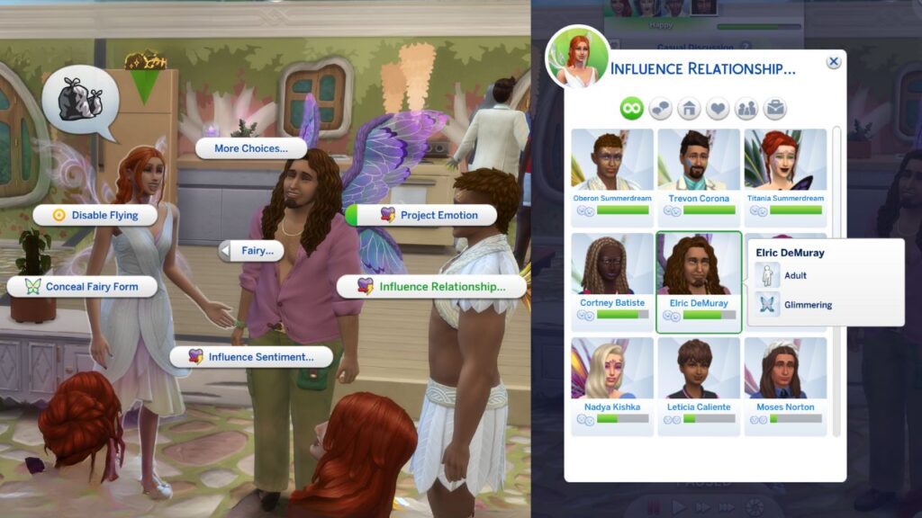 A screenshot from The Sims 4 showing the option to influence relationship with a fairy ability
