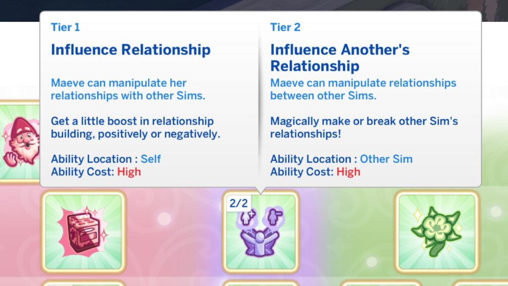 A screenshot from The Sims 4 showing the influence relationship fairy ability