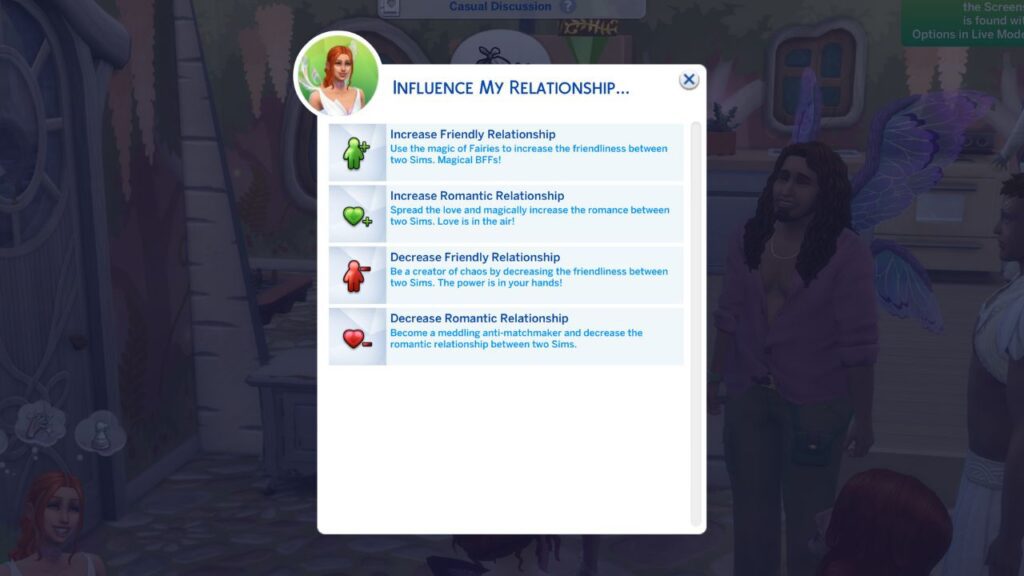 A screenshot from The Sims 4 showing the menu that appears when you choose to influence a relationship