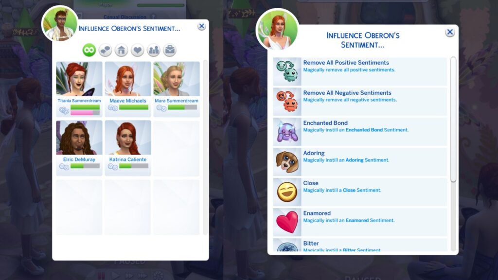 A screenshot from The Sims 4 showing the menu's for influencing sentiments