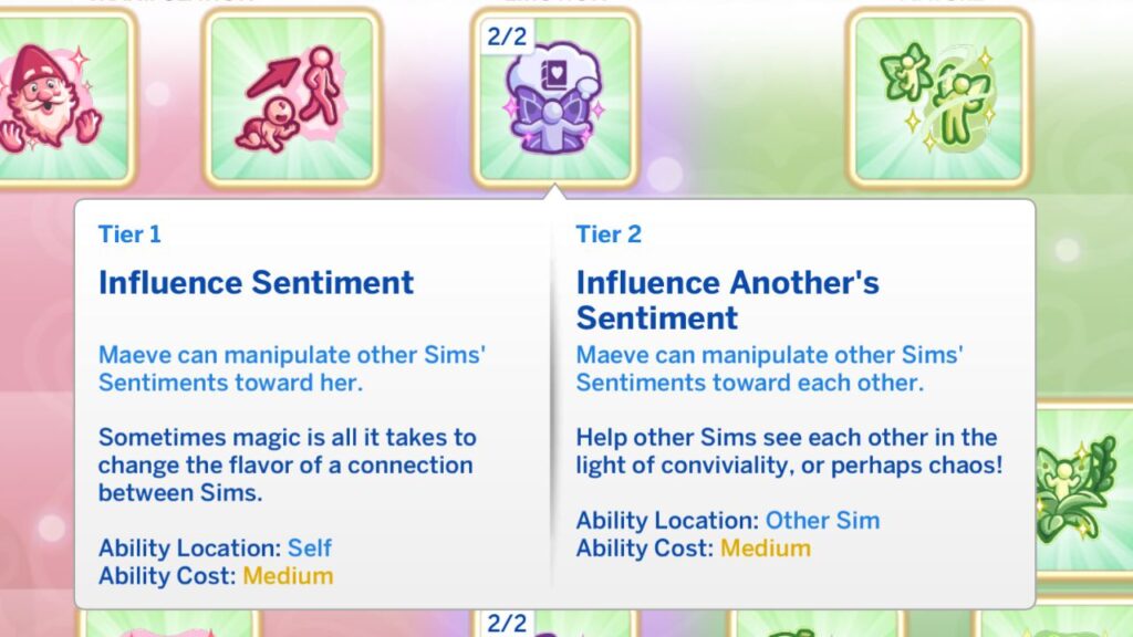 A screenshot from The Sims 4 showing the influence sentiment fairy abilities