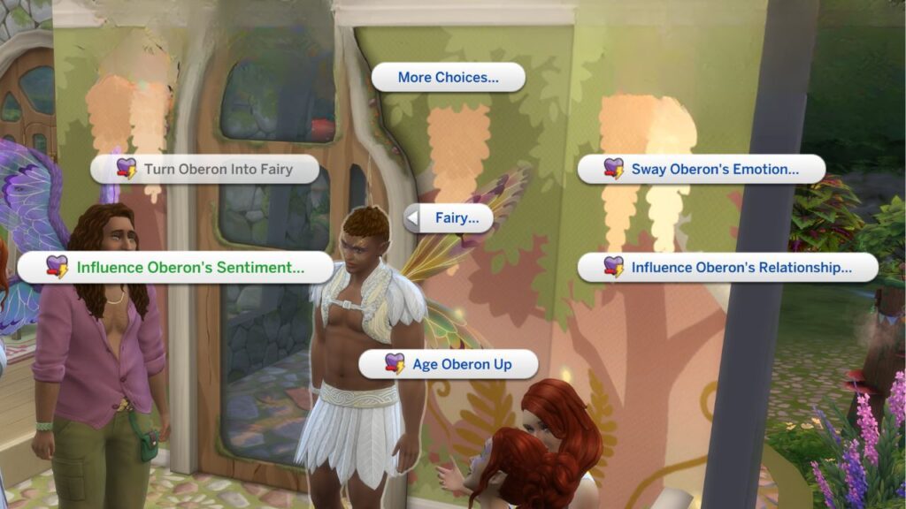 A screenshot from The Sims 4 showing the option to influence another sim's sentiments