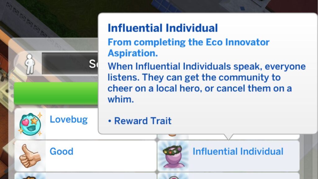 A screenshot from The Sims 4 showing the influential individual trait