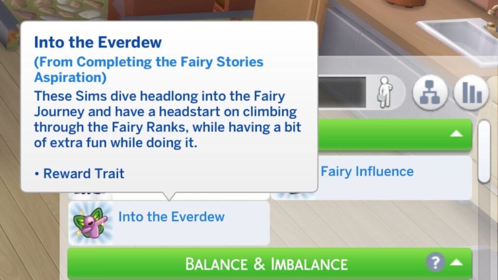 A screenshot from The Sims 4 showing the into the Everdew reward trait from the fairy stories aspiration