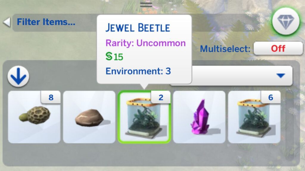 A screenshot from The Sims 4 showing jewel beetles in a sim's inventory 