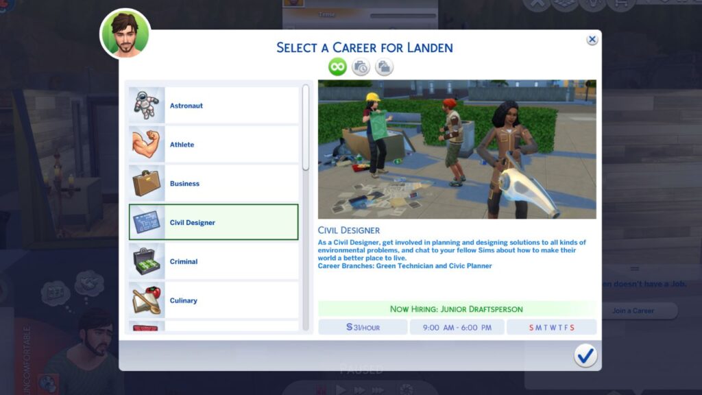 A screenshot from The Sims 4 showing the menu to join the civil designer career