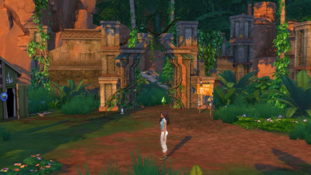 A screenshot from The Sims 4 showing the entrance to the jungle