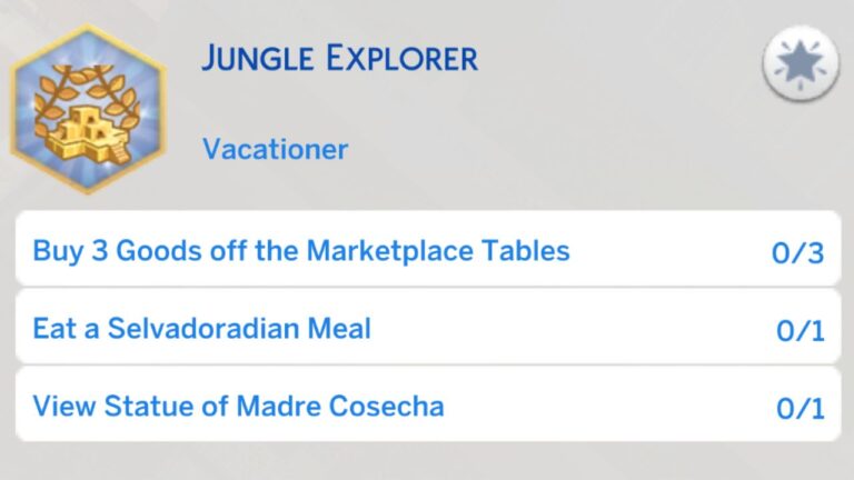 A screenshot from The Sims 4 showing the first stage of the jungle explorer aspiration