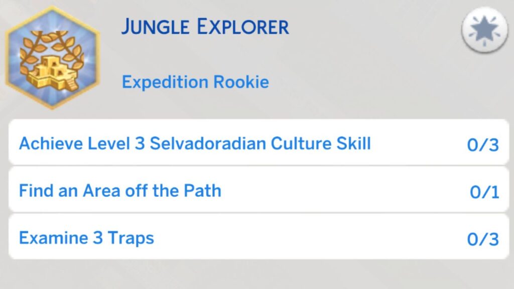 A screenshot from The Sims 4 showing the second stage of the jungle explorer aspiration