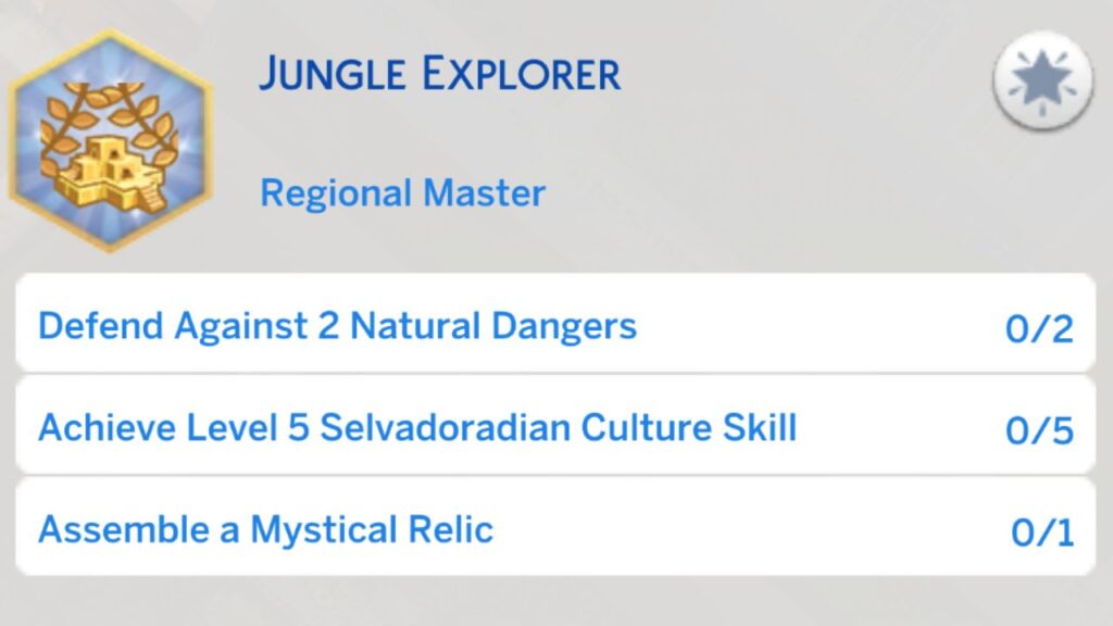 A screenshot from The Sims 4 showing the third stage of the jungle explorer aspiration