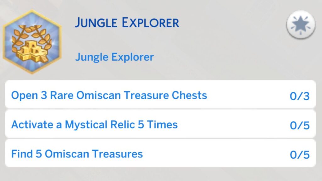 A screenshot from The Sims 4 showing the fourth stage of the jungle explorer aspiration