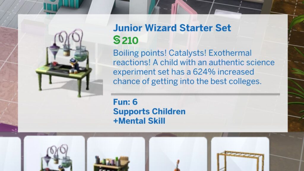 A screenshot from The Sims 4 showing the Junior Wizard Starter Set in the build catalog