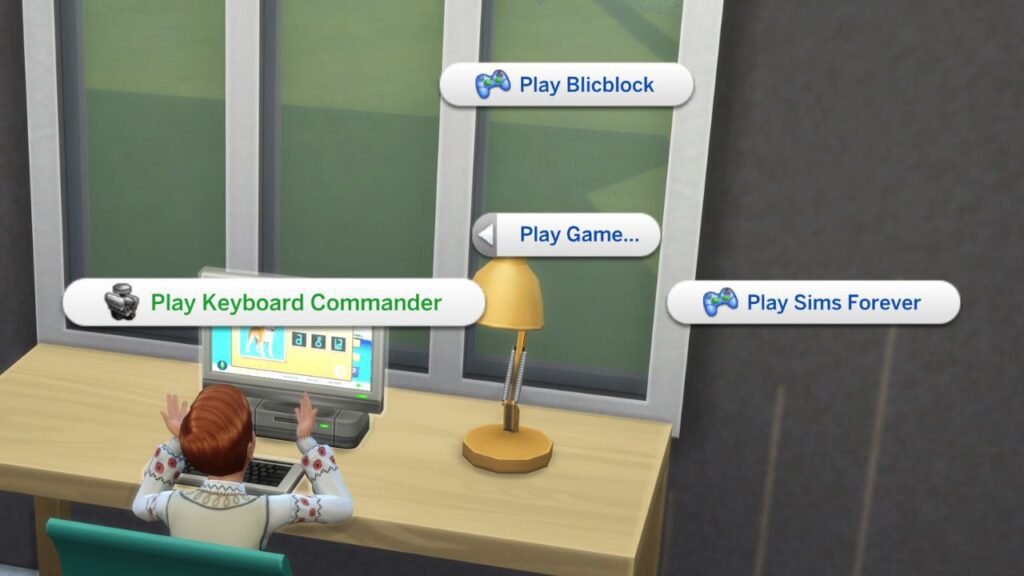 A screenshot from The Sims 4 showing the option to play keyboard commander on a computer