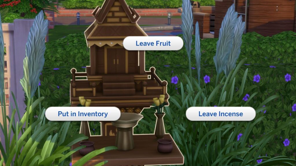 A screenshot from The Sims 4 showing the option to leave fruit or incense on a spirit house