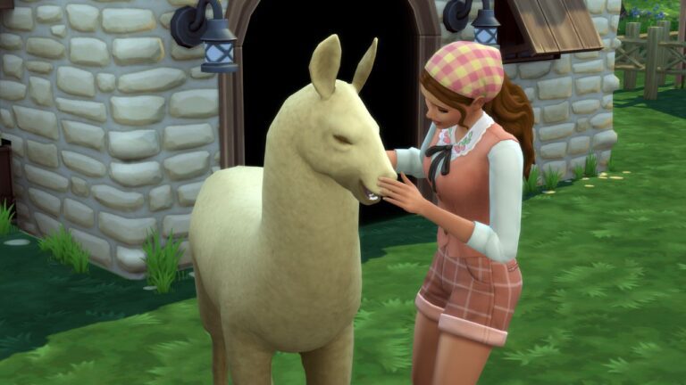 A screenshot from The Sims 4 showing a sim giving love to a llama