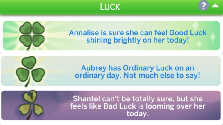A screenshot from The Sims 4 showing the stages of luck
