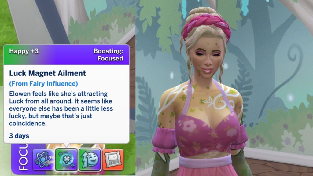 A screenshot from The Sims 4 showing a sim with the luck magnet ailment