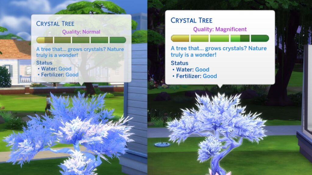 A screenshot from The Sims 4 showing a normal and magnificent quality crystal tree 