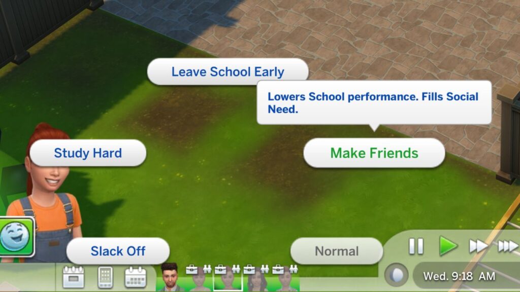 A screenshot from The Sims 4 showing how a sim can make friends with other kids at school