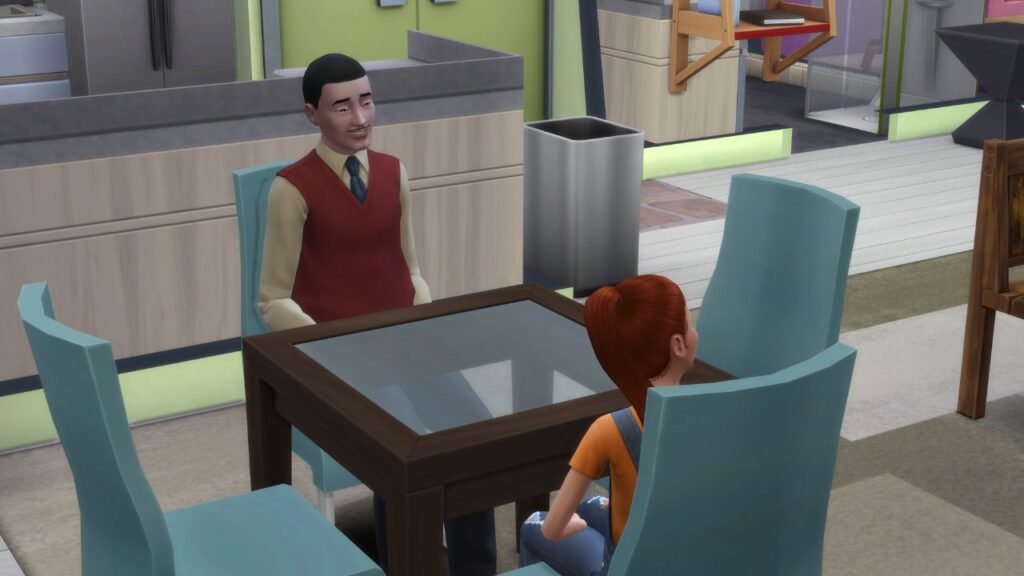 A screenshot from The Sims 4 showing a sim chatting with their nanny at a table
