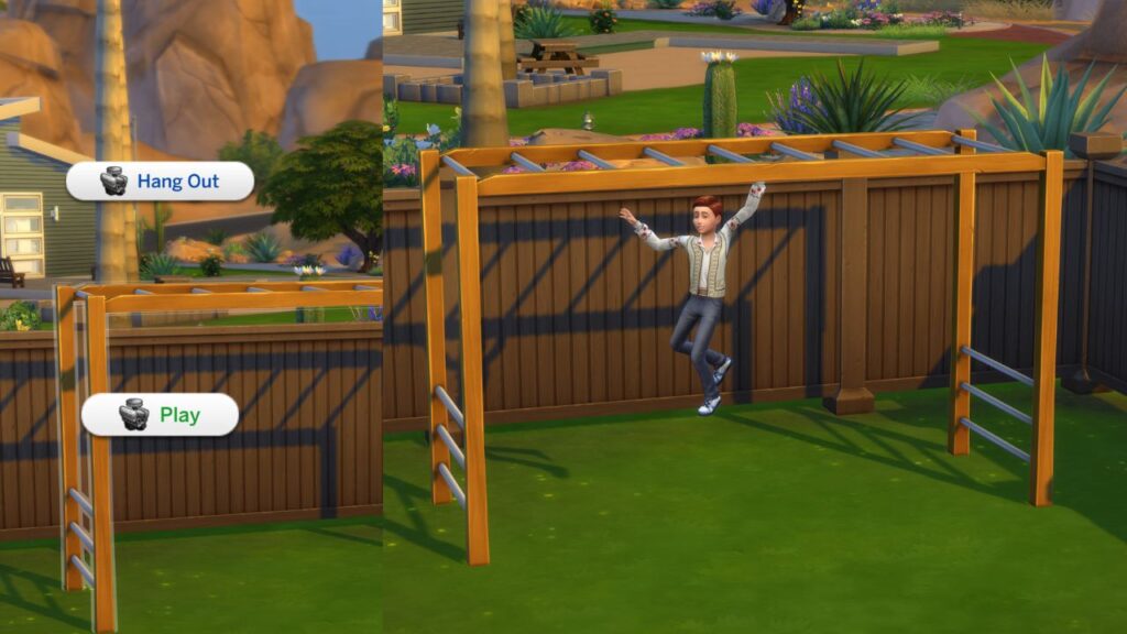 A screenshot from The Sims 4 showing the option to play on monkey bars to get across them