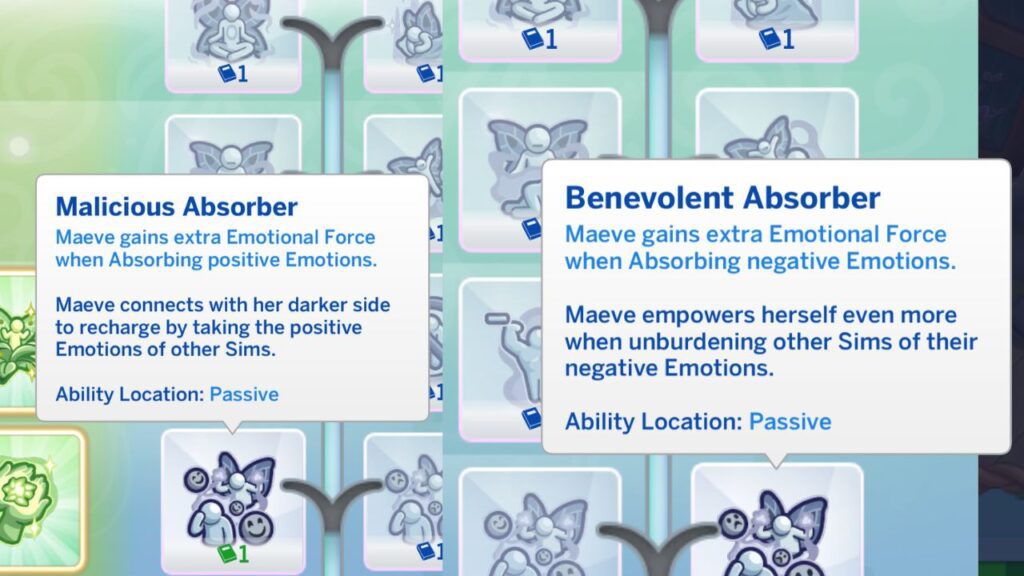A screenshot from The Sims 4 showing the malicious absorber vs benevolent absorber abilities