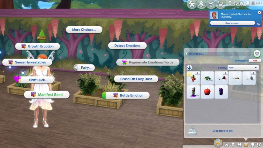 A screenshot from The Sims 4 showing the menu for manifest seeds and a cherry seed in their inventory