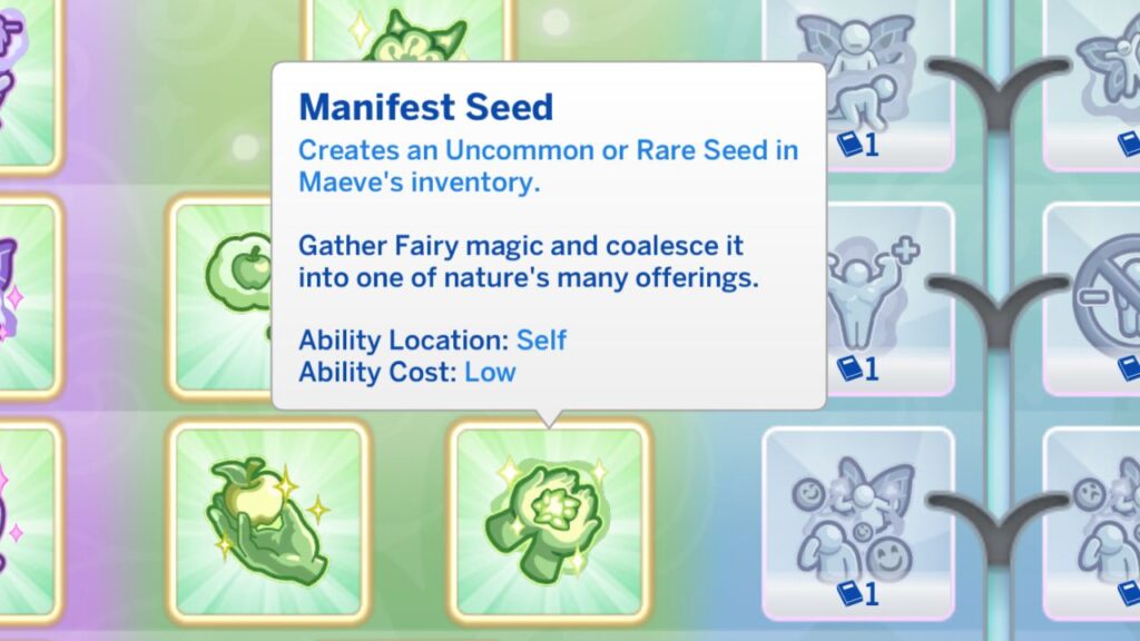 A screenshot from The Sims 4 showing the manifest seed fairy ability