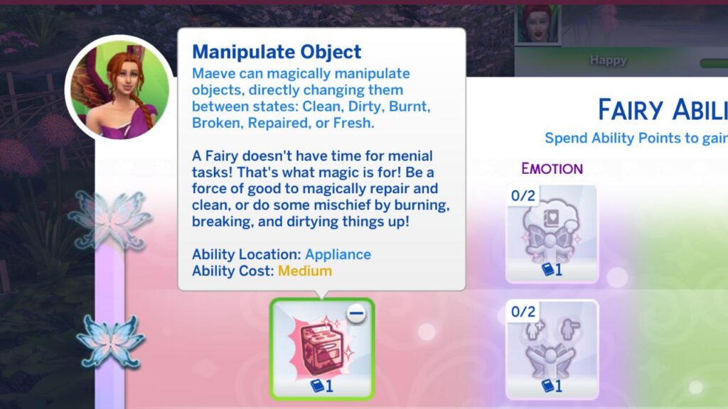 A screenshot from The Sims 4 showing the fairy perk to manipulate objects